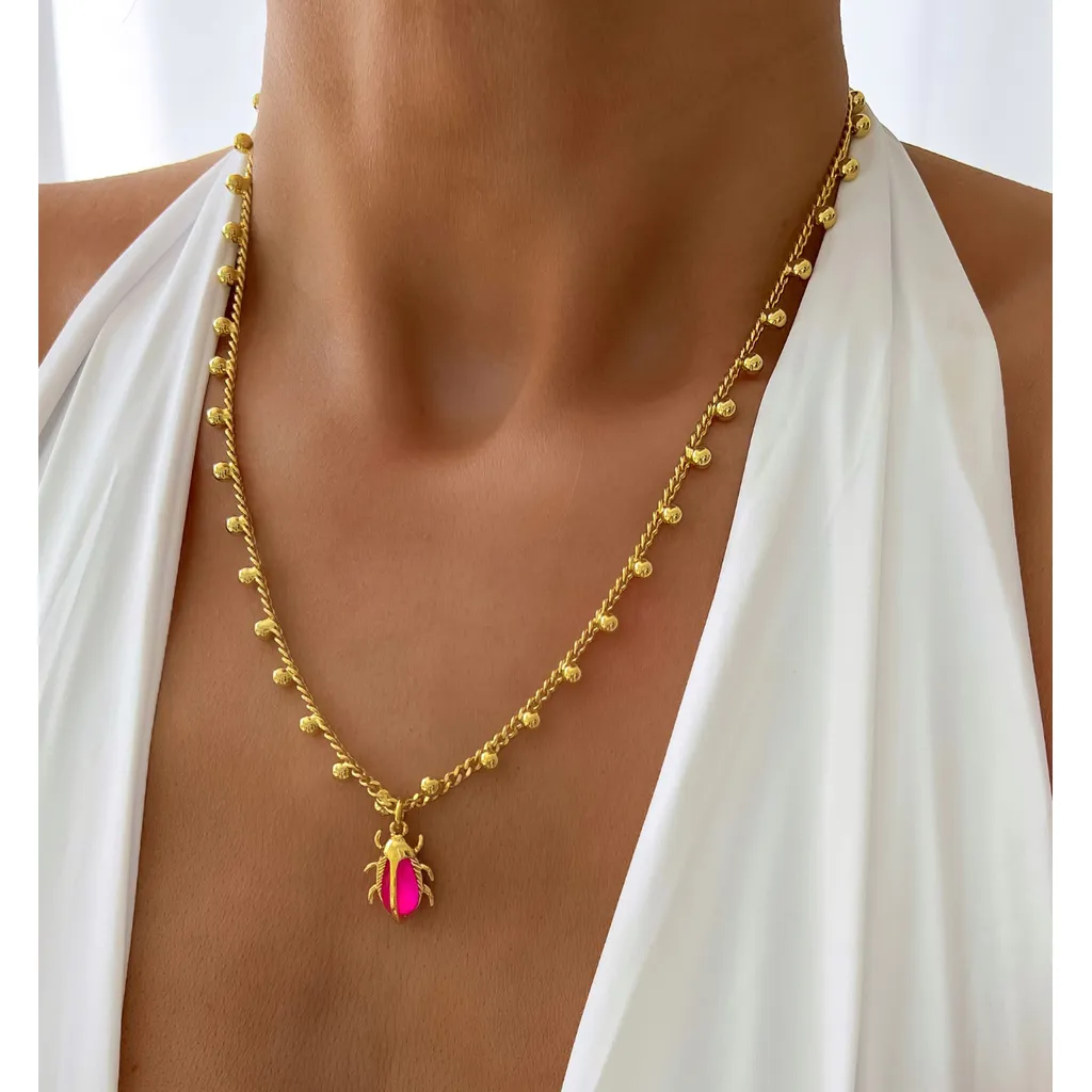 Ibiza Fuchsia Beetle Gold Necklace