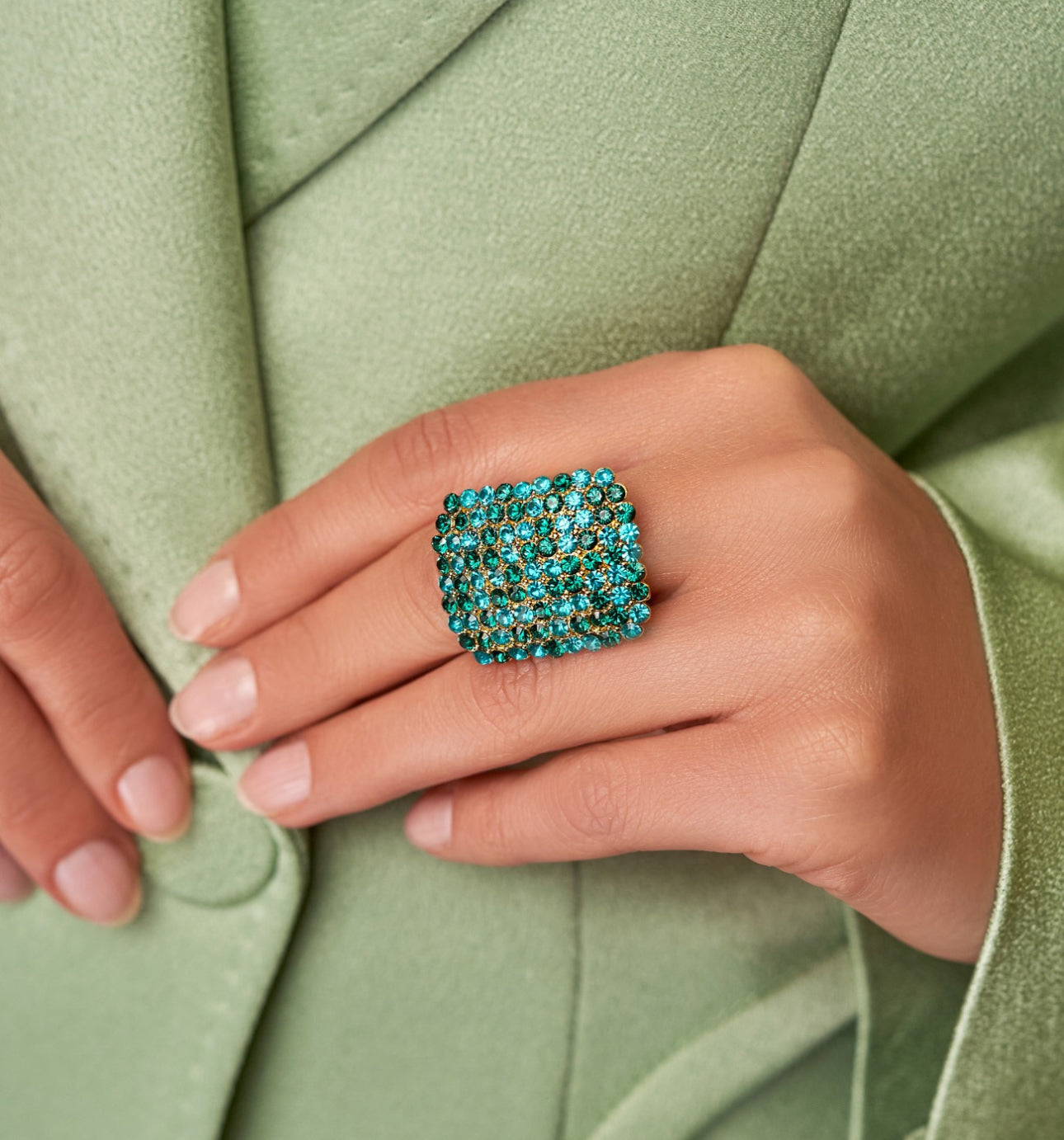 Emerald Green Adjustable Crystal Ring