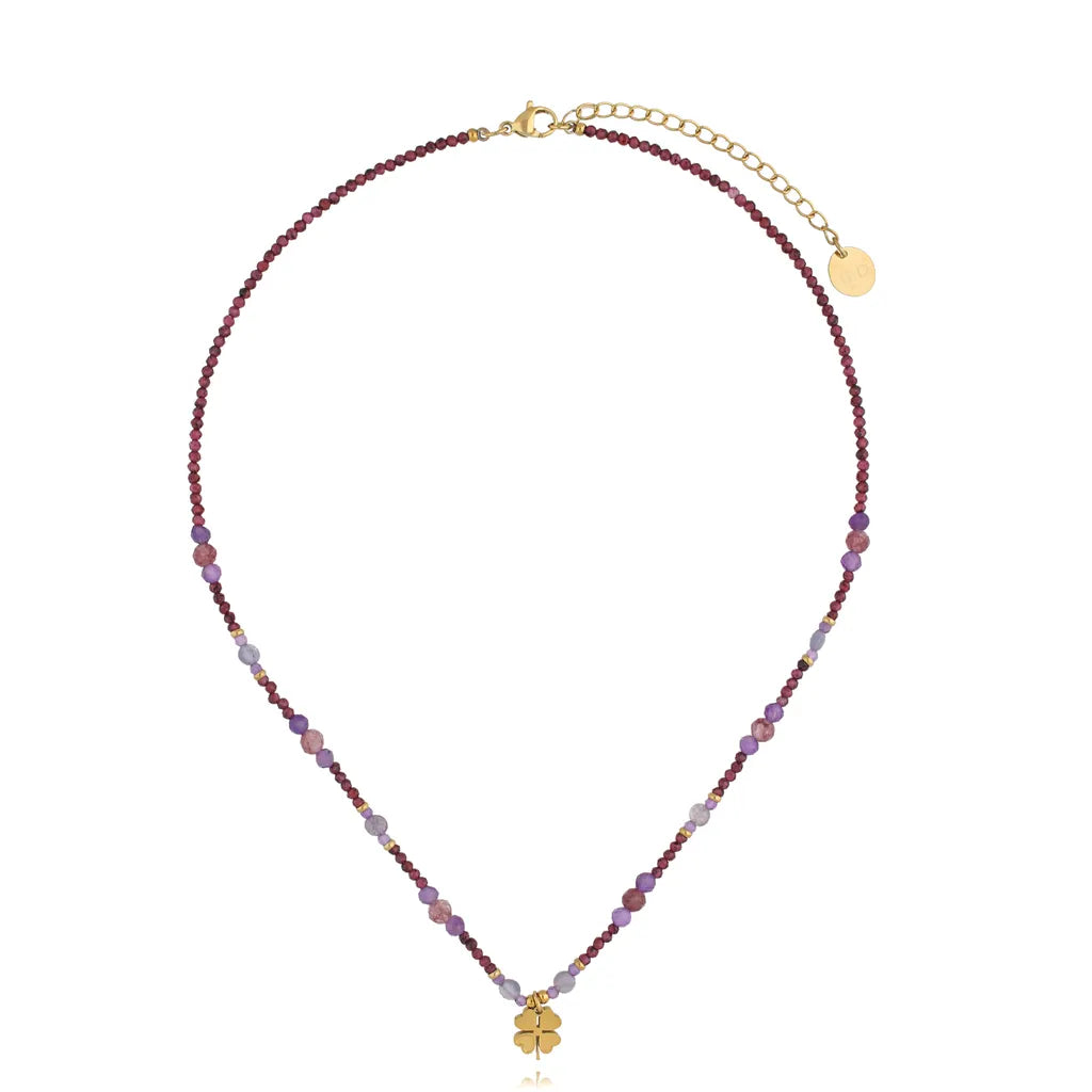 Clover Necklace with Amethyst , Garnet and Jade Stone