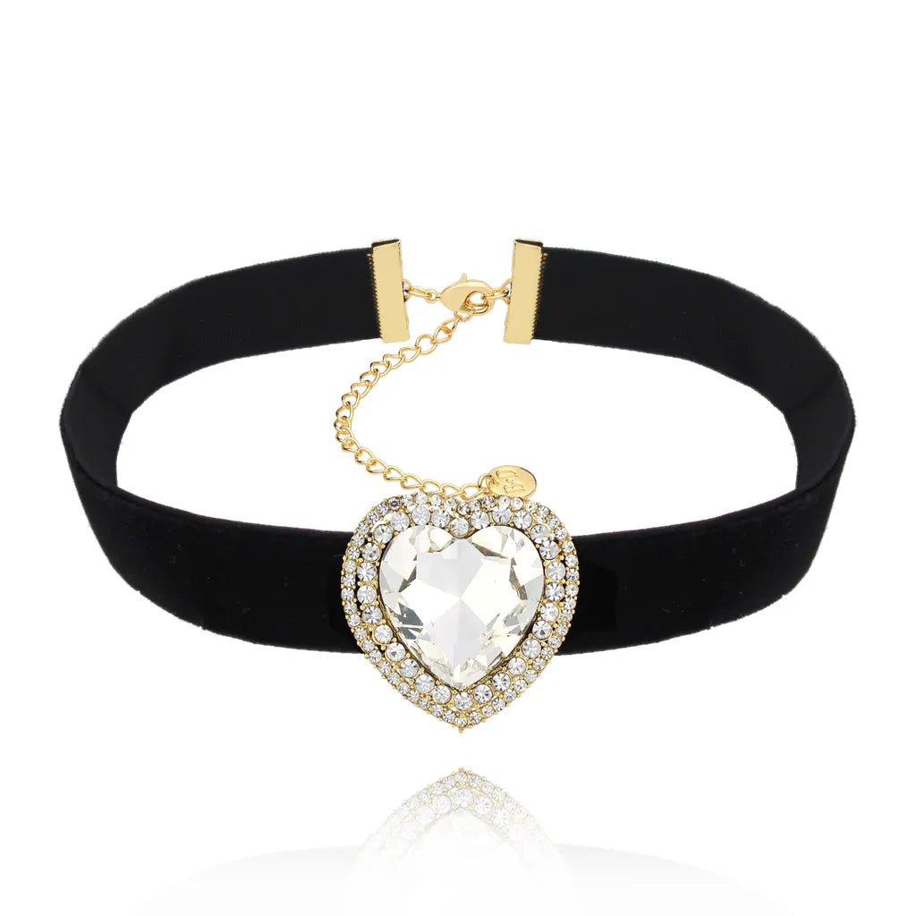 Crystal Heart Black Velvet Choker Necklace