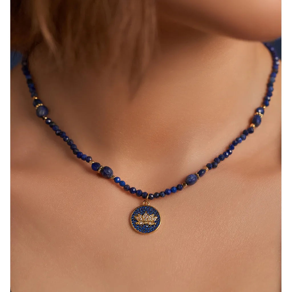 Lapis Necklace with Lotus Pendent