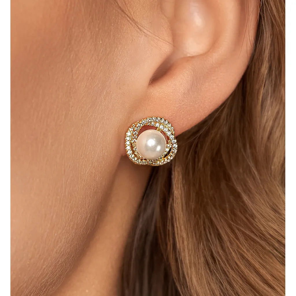 Pearl Stud Earrings with Zirconia