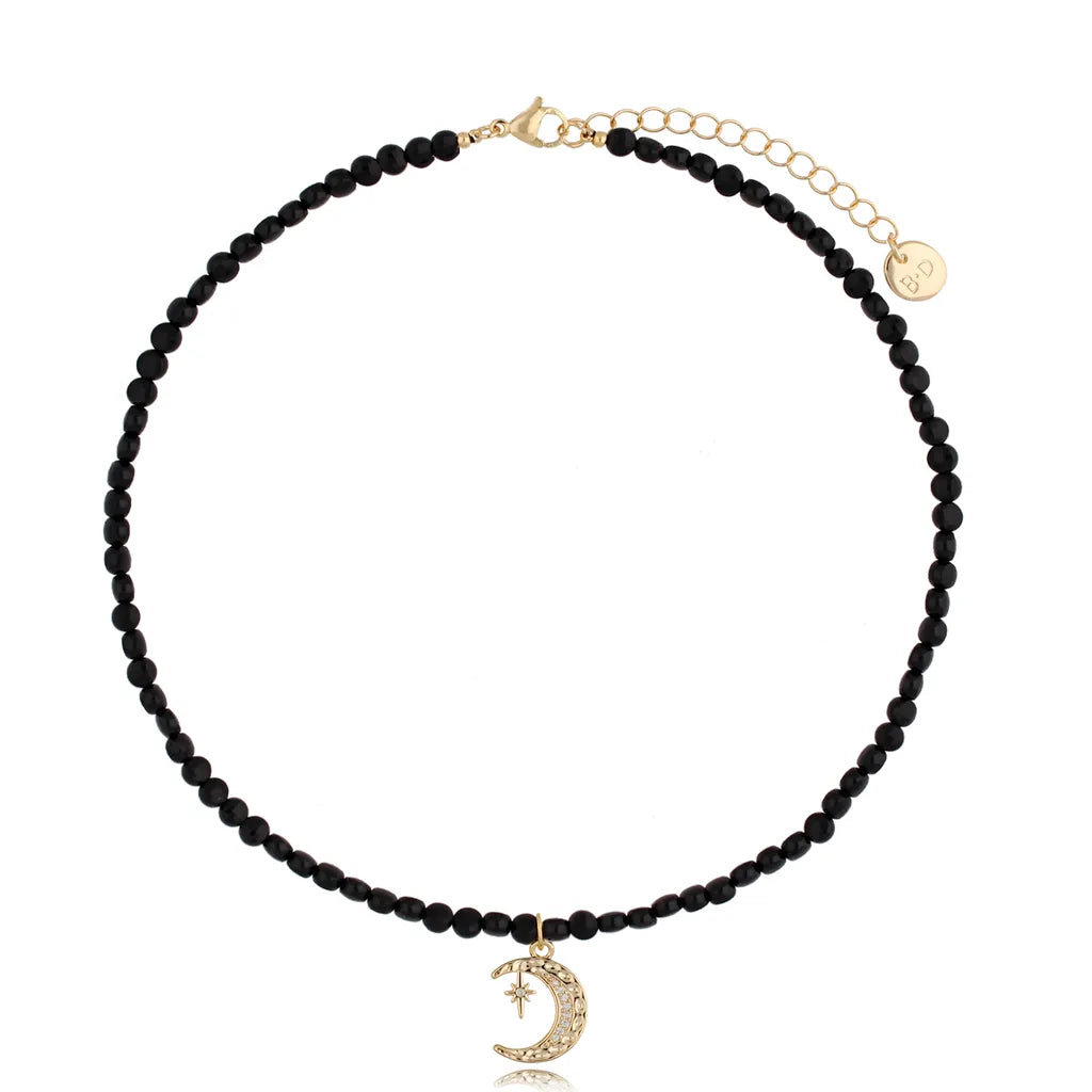 Moon and Star Black Agate Stone Necklace