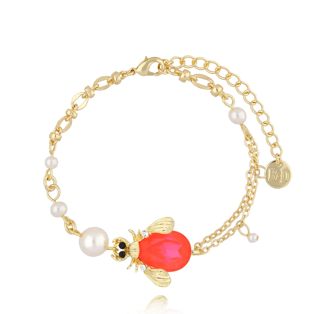 Neon Orange Pearl Beetle Bracelet