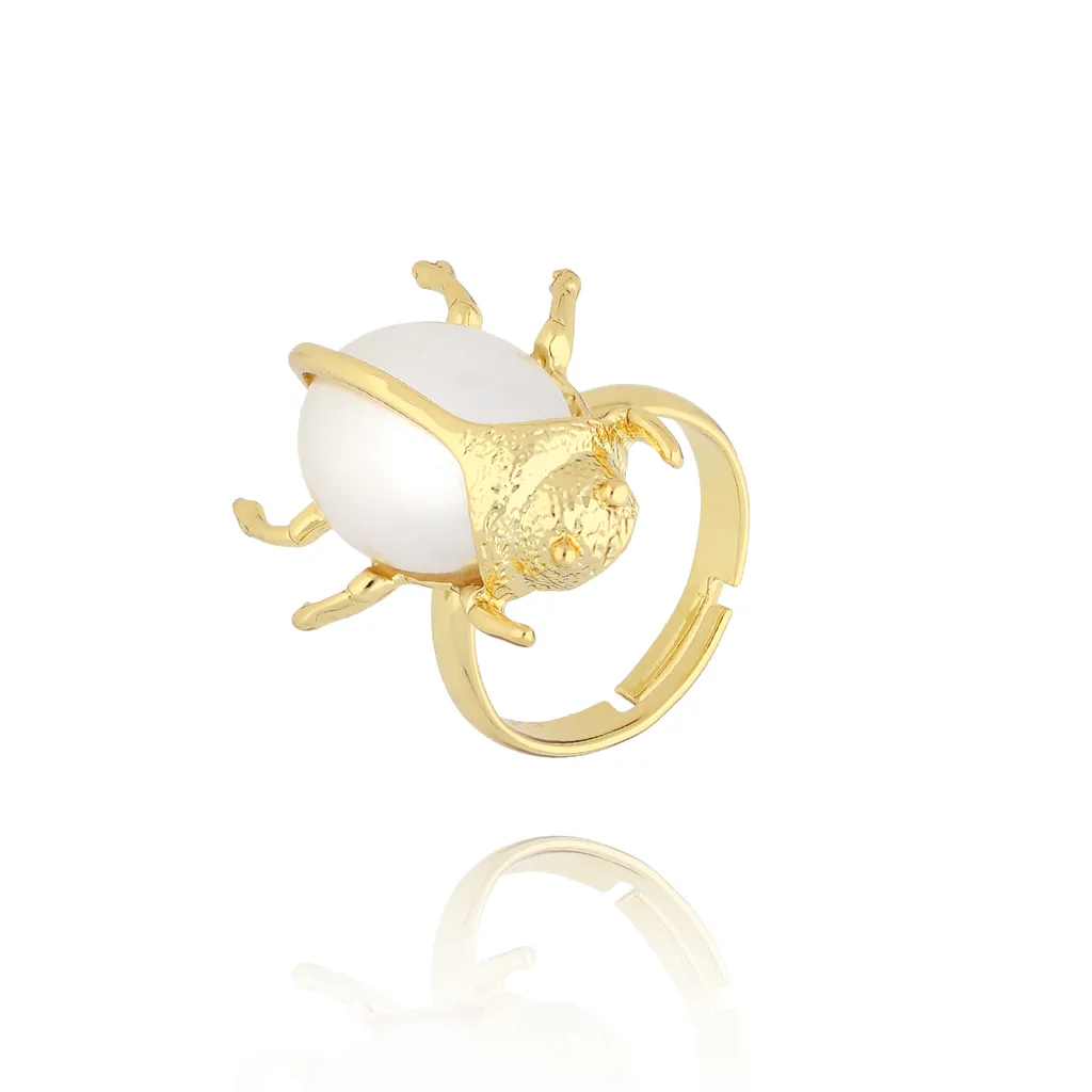 Milky White Beetle Adjustable Ring