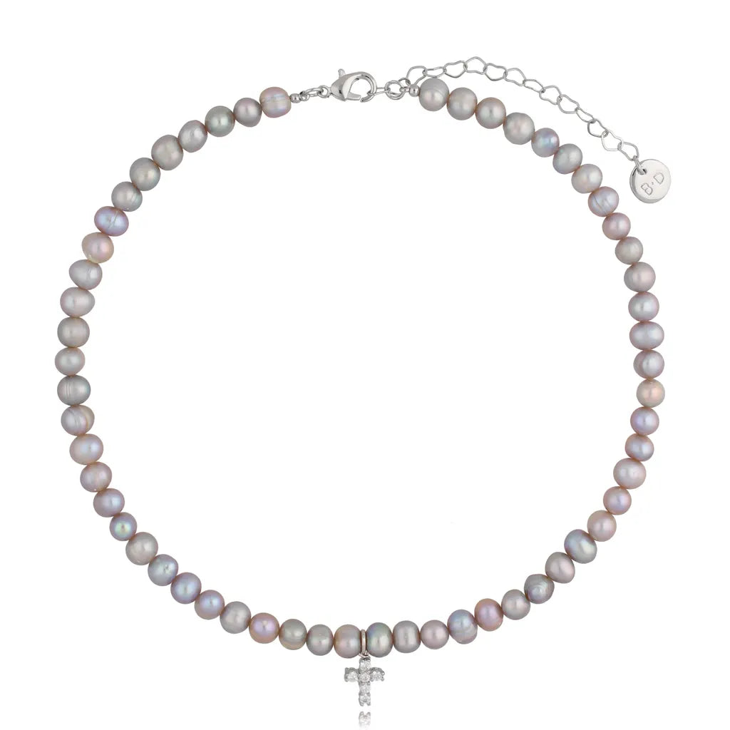 Gray Pearl Cross Necklace