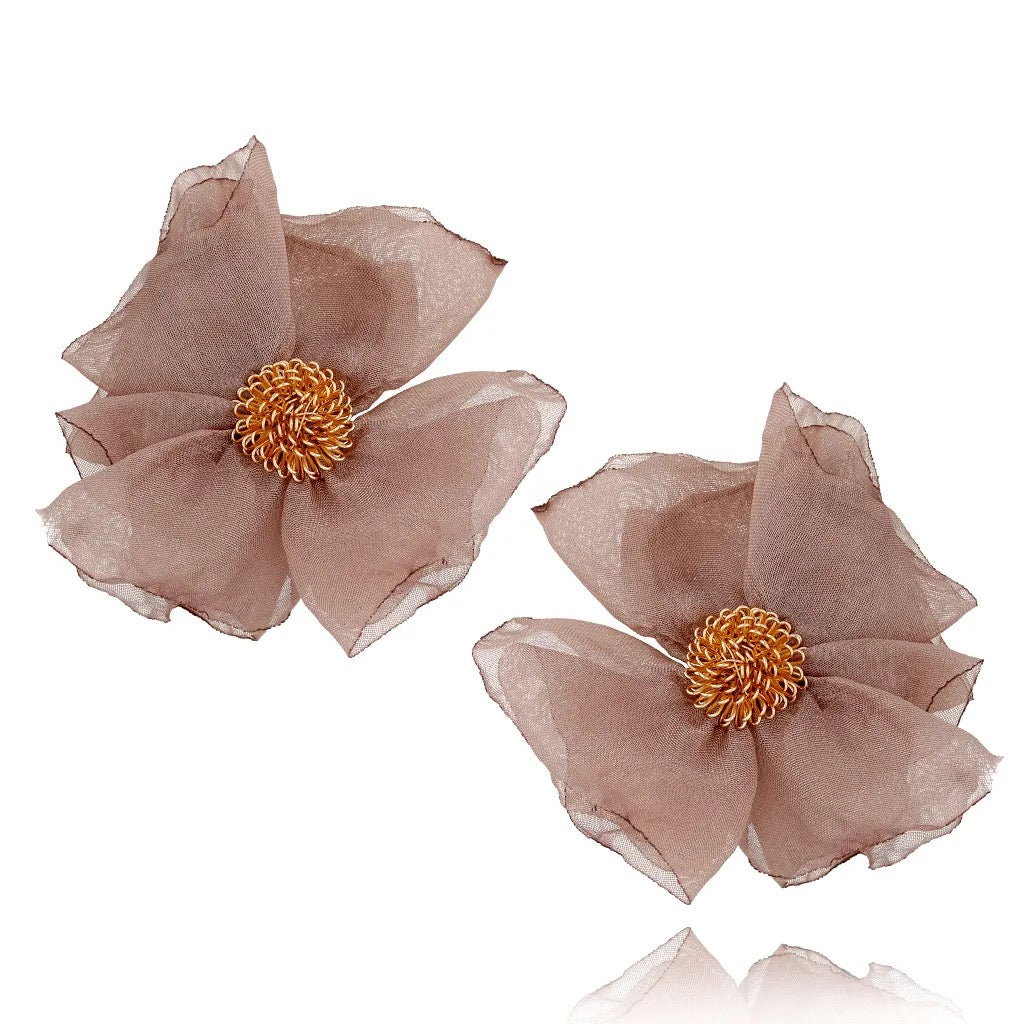 Dark Beige Silk Flower Earrings