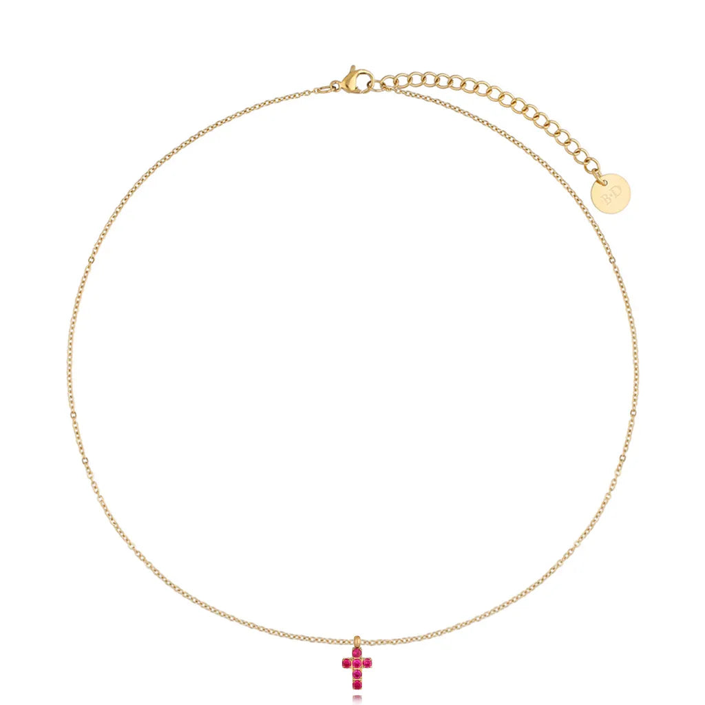 Gold Necklace with Fuchsia Cross