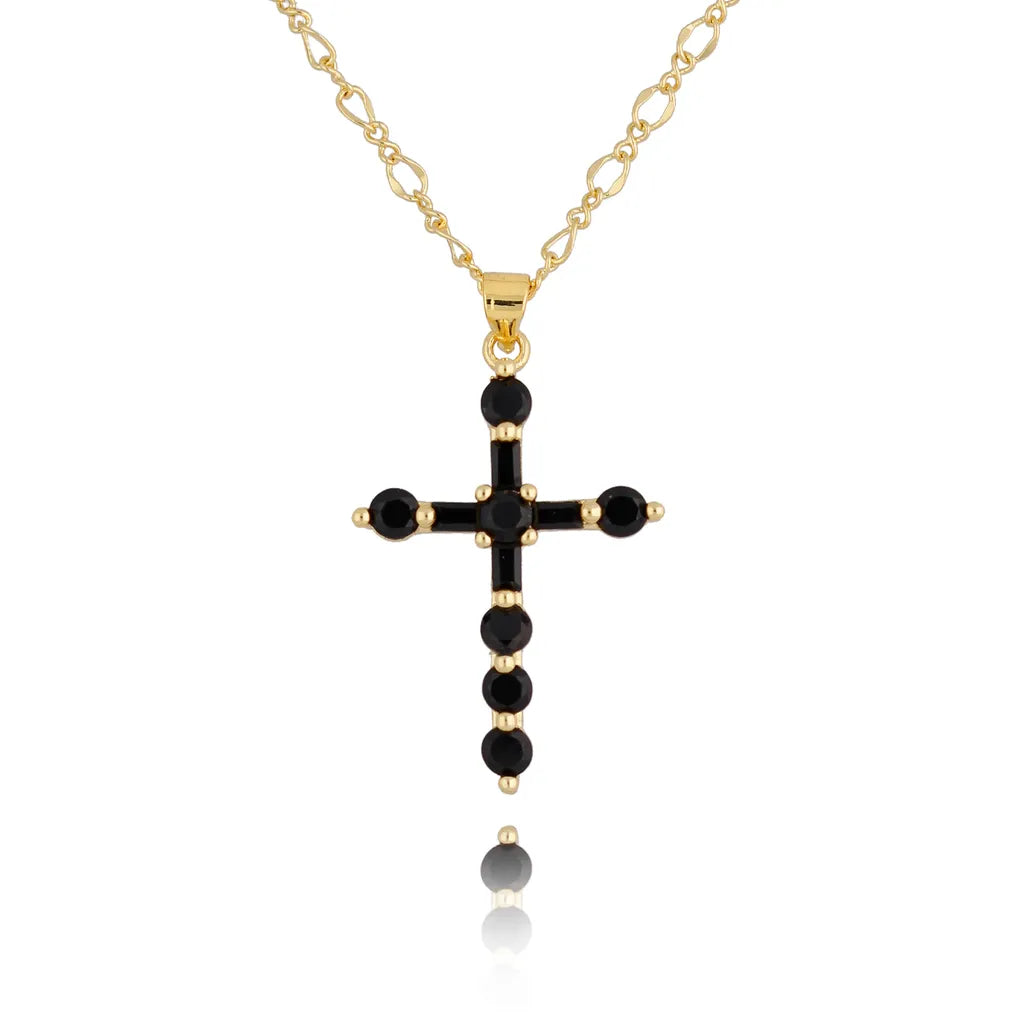 Gold Necklace with Black Crystal Cross