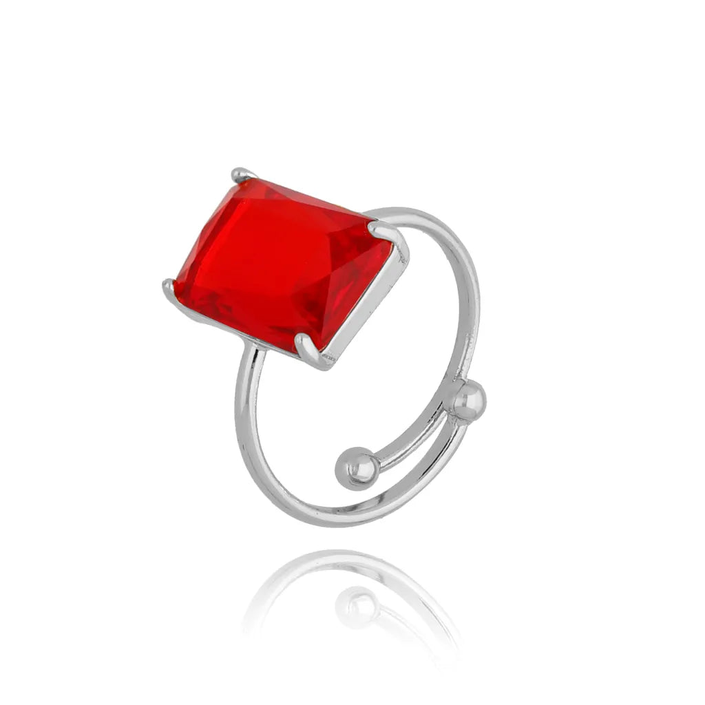 Red Square Crystal Silver Adjustable Ring