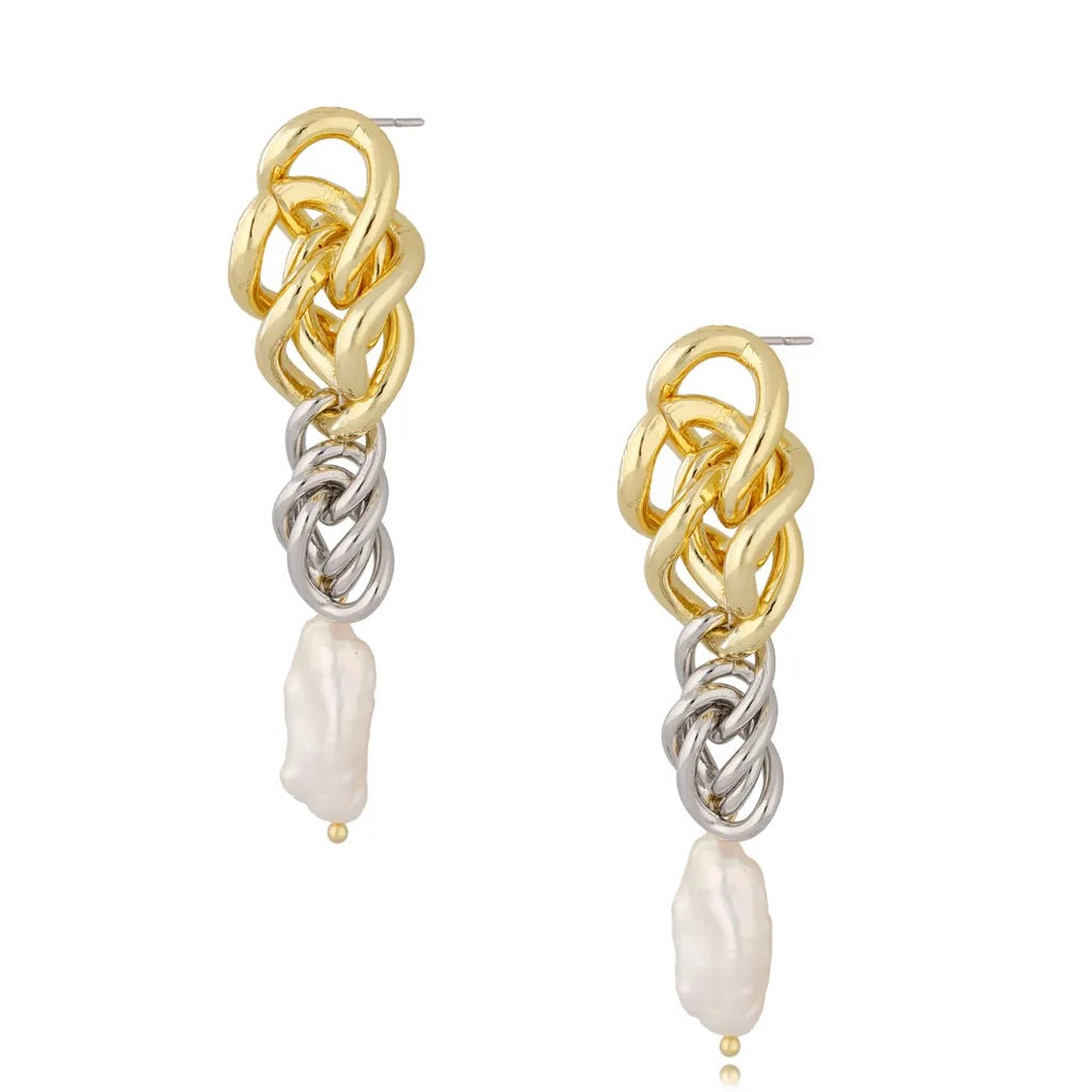 Silver and Gold Knot and Pearl Dangle Earrings