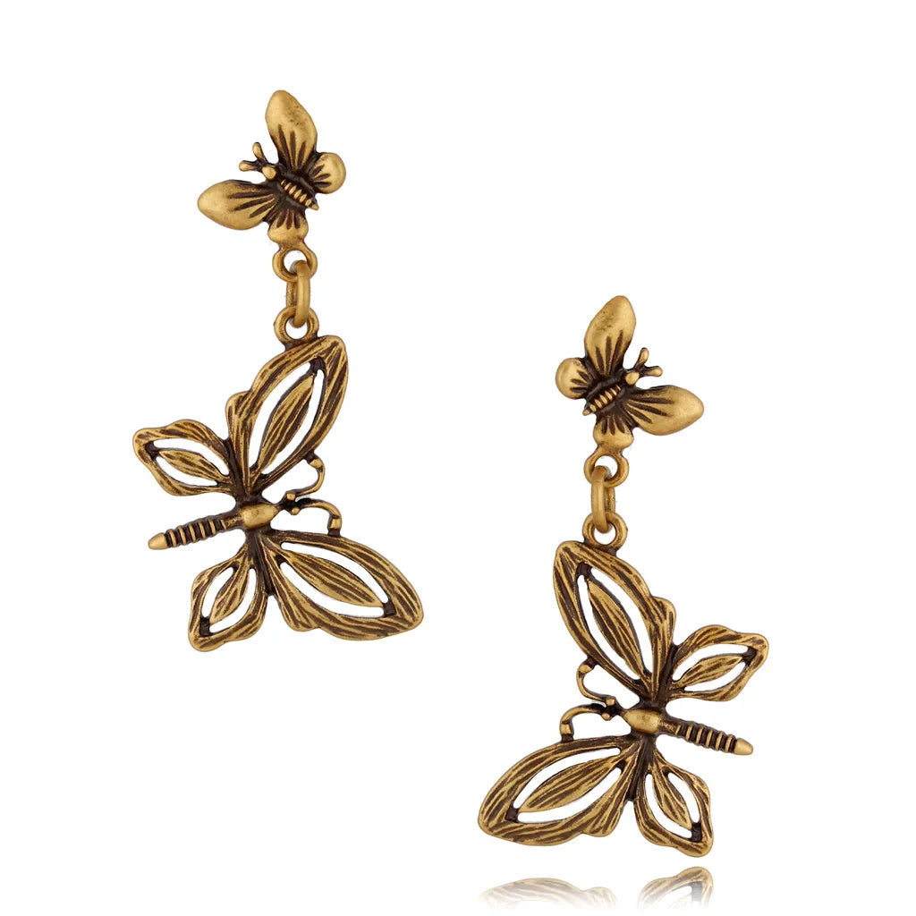 Antique Gold Butterfly Dangle Earrings