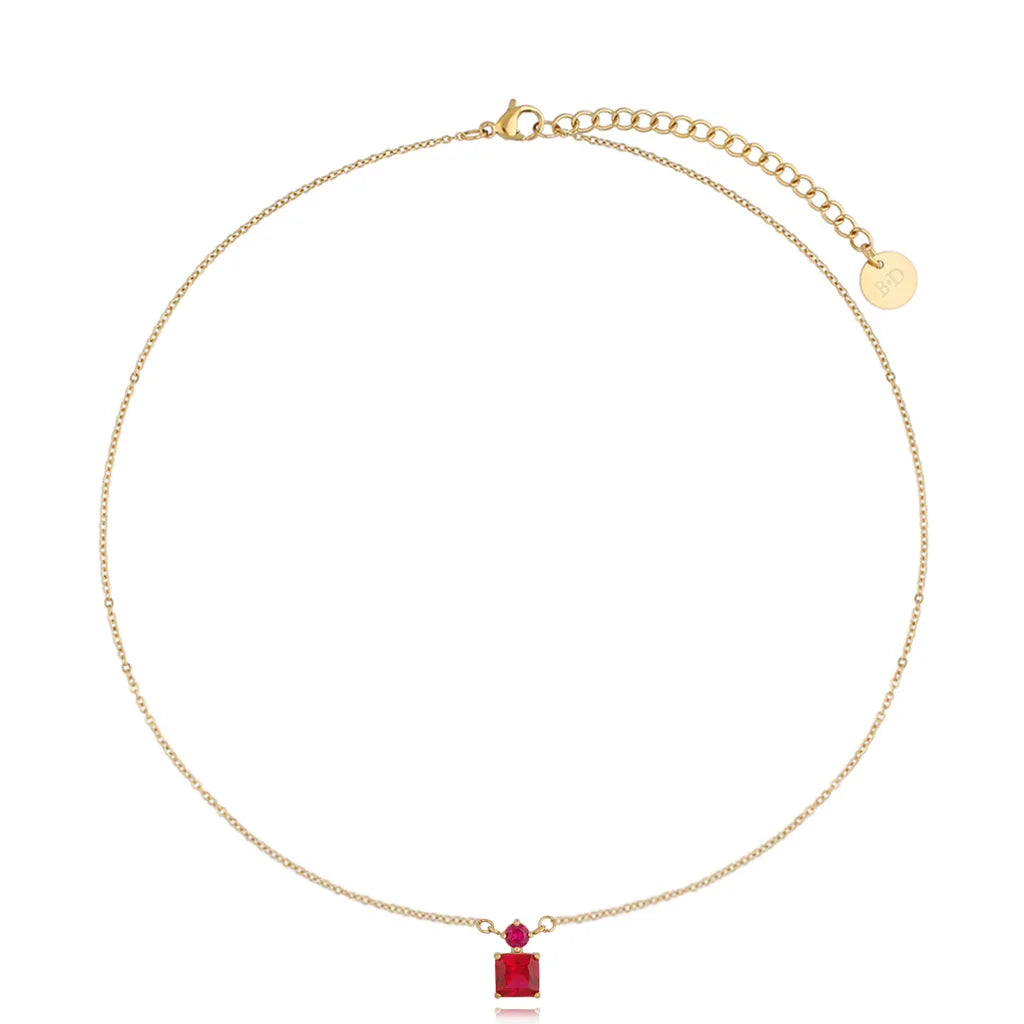 Gold Necklace with Square Fchusia Crystal