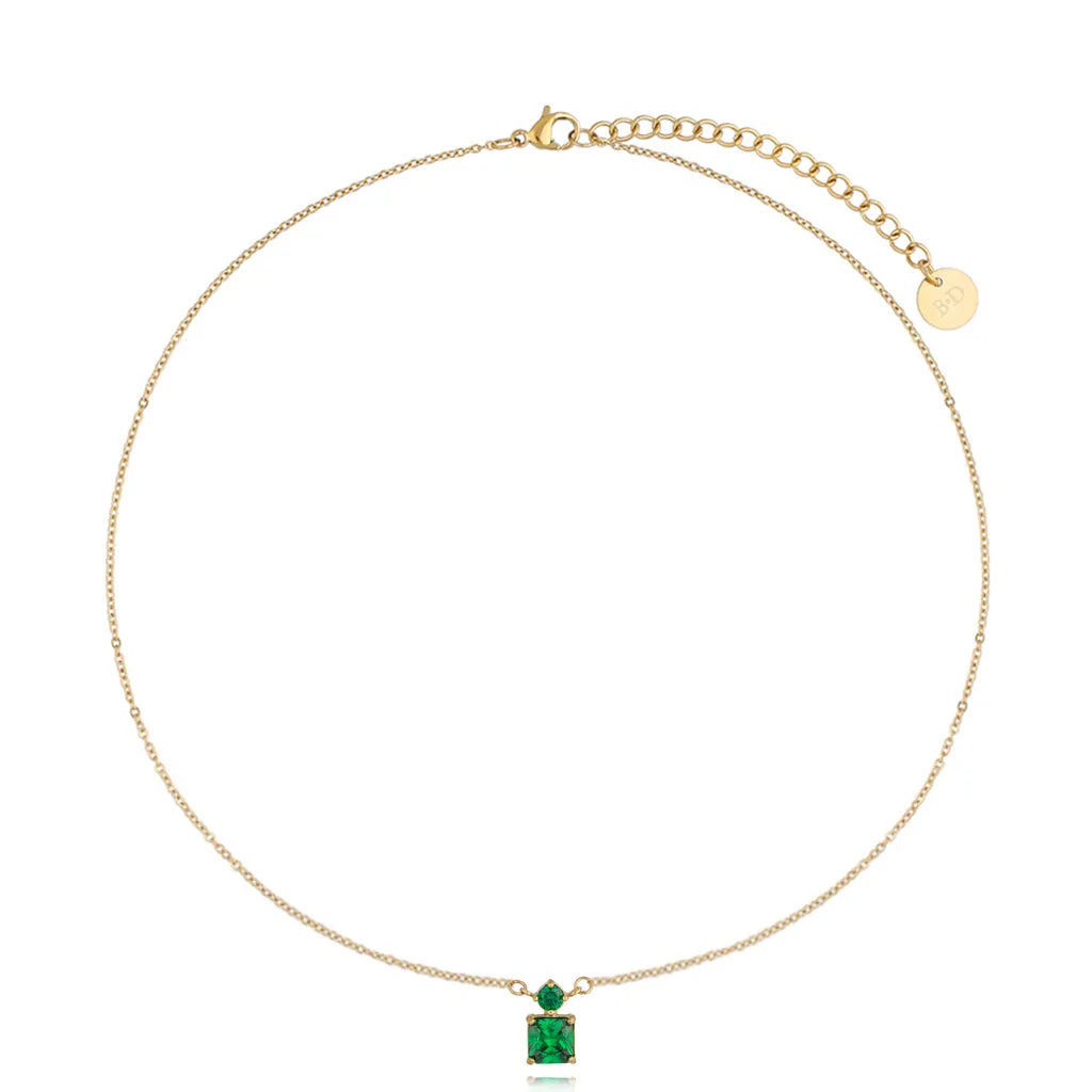 Gold Necklace with Green Square Crystal