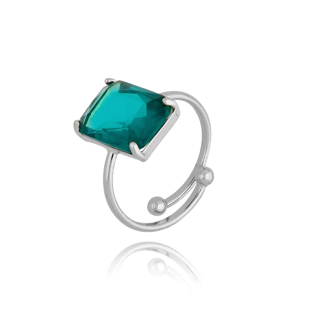 Emerald Square Crystal Silver Adjustable Ring