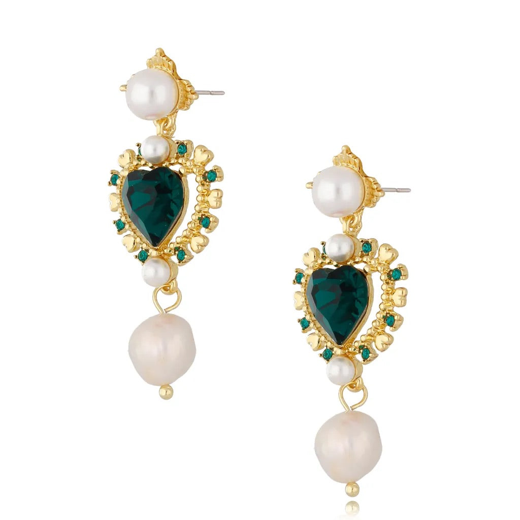 Pearl Earrings with Emerald Crystal