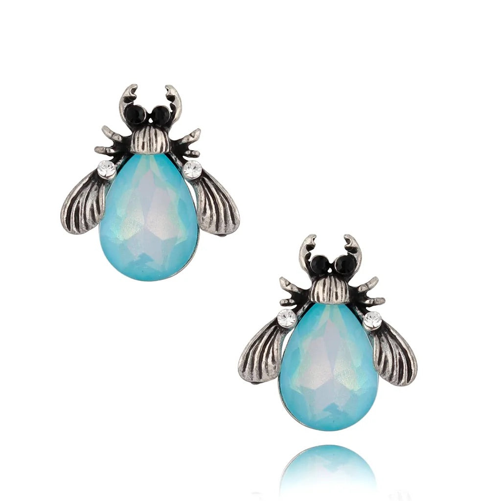 Silver Baby Blue Beetle Earrings