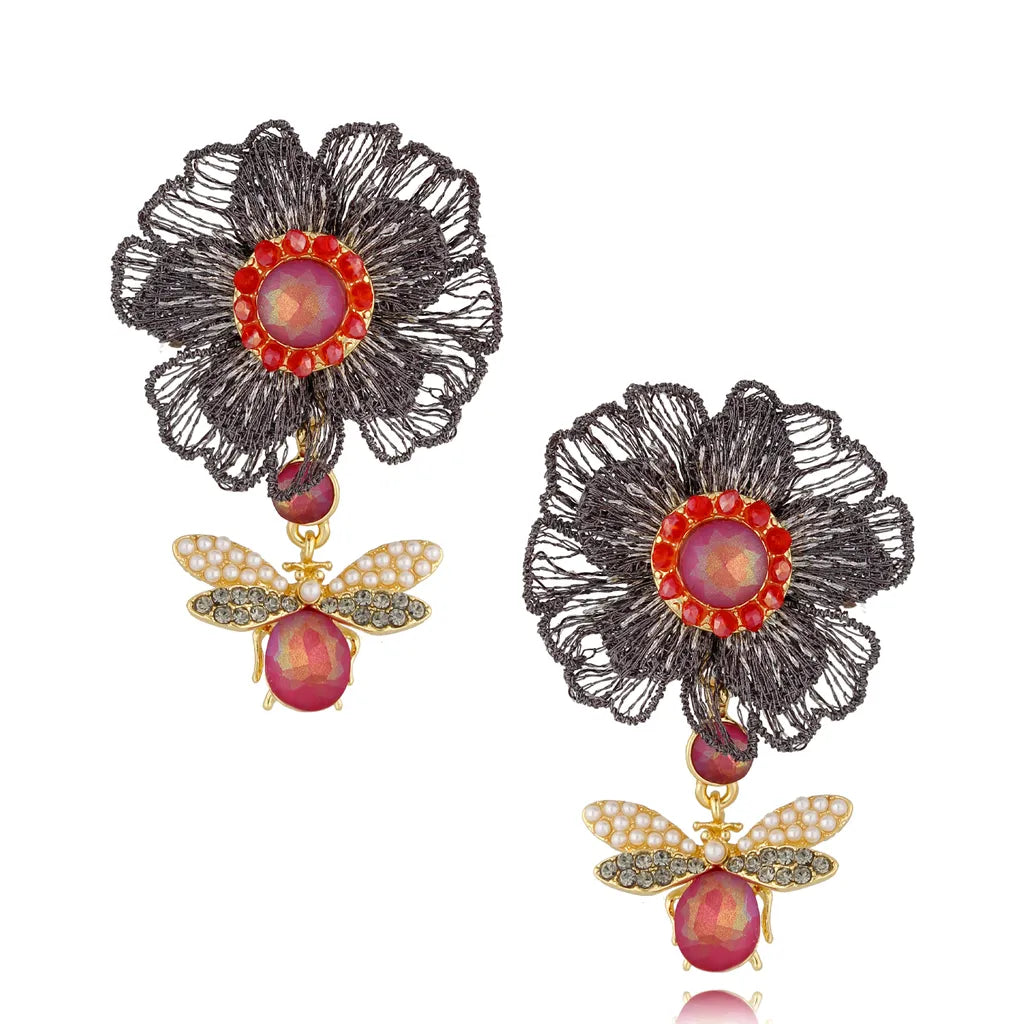 Red Dragonfly Flower Earrings