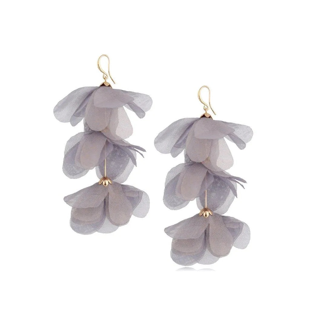 Triple Gray Silk Flower Earrings with Iridescent Finish