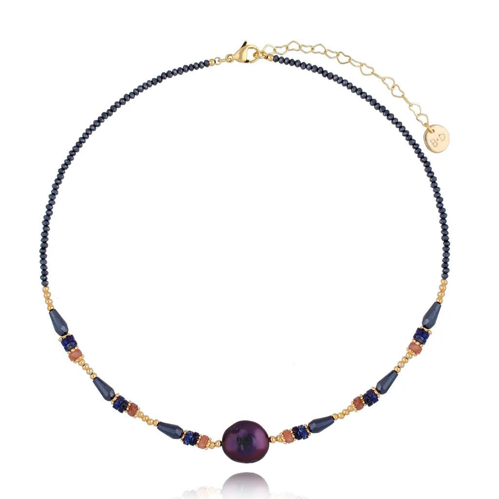 Purple Pearl and Quartz, Agate, Lapis Necklace