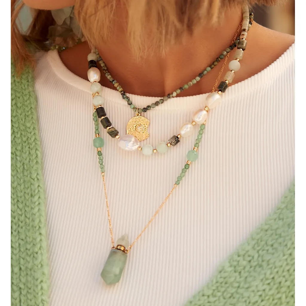 Green Agate, Aquamarine and Pearl Necklace