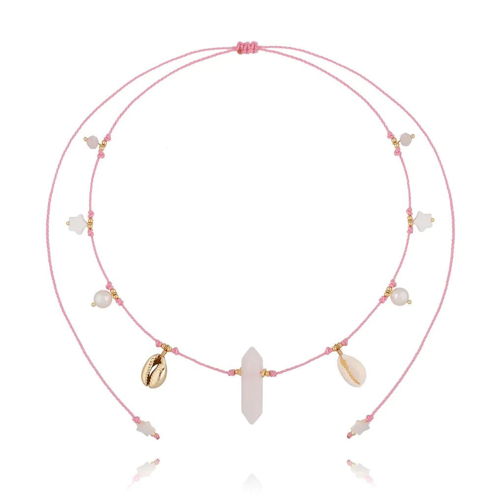 Rose Quartz Adjustable Necklace with Pearls and Gold Seashells